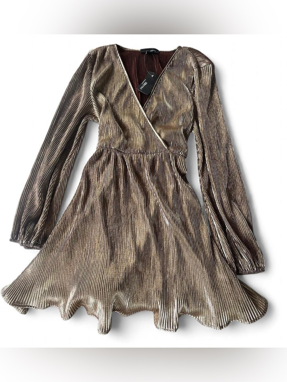 SBetro Metallic Gold Pleated Dress Size M NWT Long Sleeve Party Dress - Picture 2 of 5